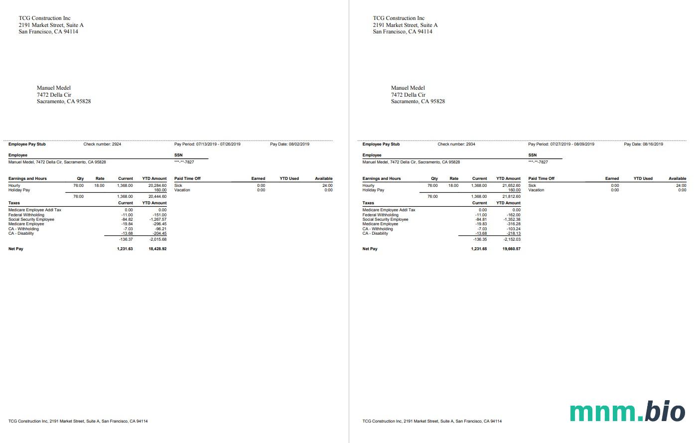 TCG Construction Inc. Szablon Paystub pracownika w formatach Word i PDF
